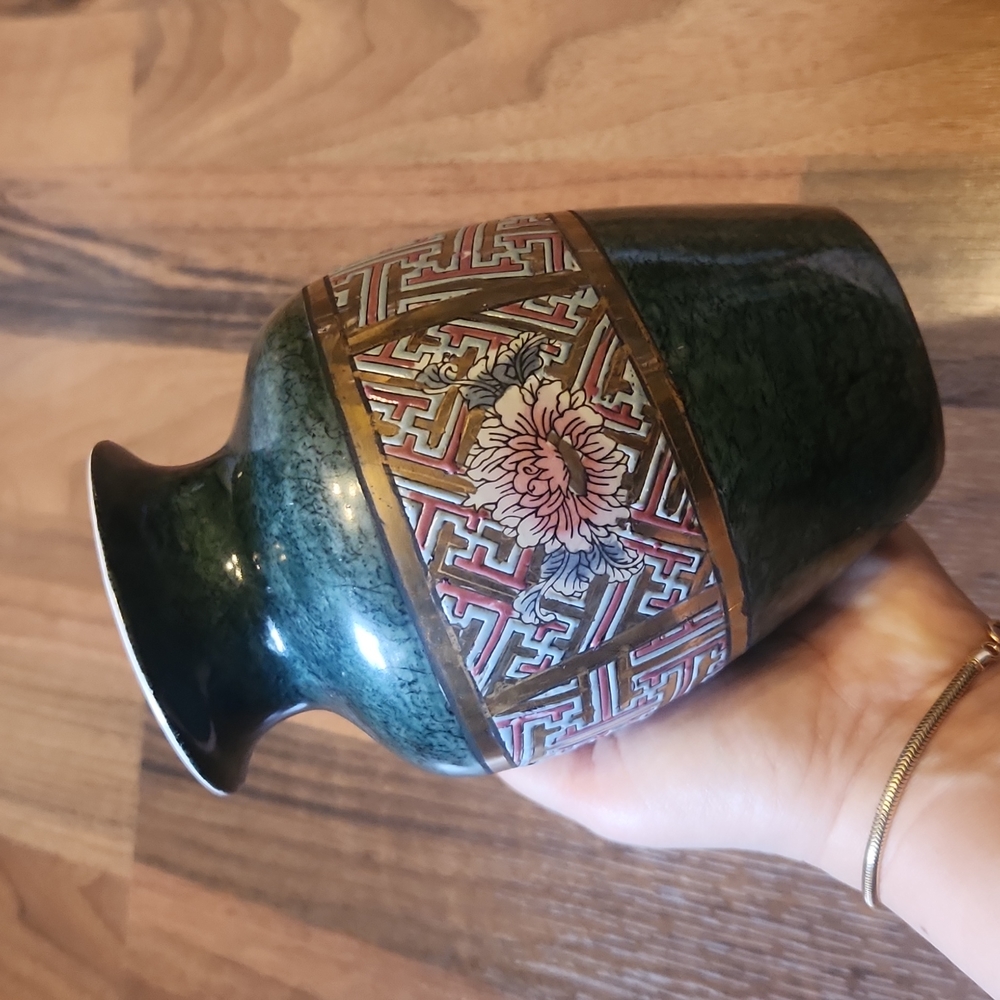 Chinoiserie Green Pink & Gold Floral Peony Vase